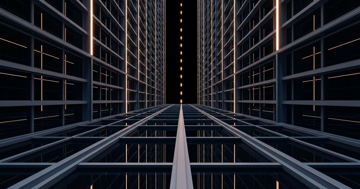 Technology infrastructure and digital architecture with interconnected systems and data flows
