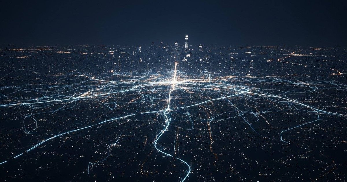 Technology infrastructure and digital architecture with interconnected systems and data flows