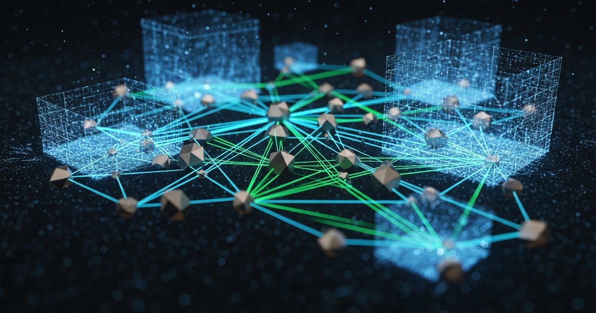 Advanced neural network architecture with semantic pathways glowing in emerald green and cyan