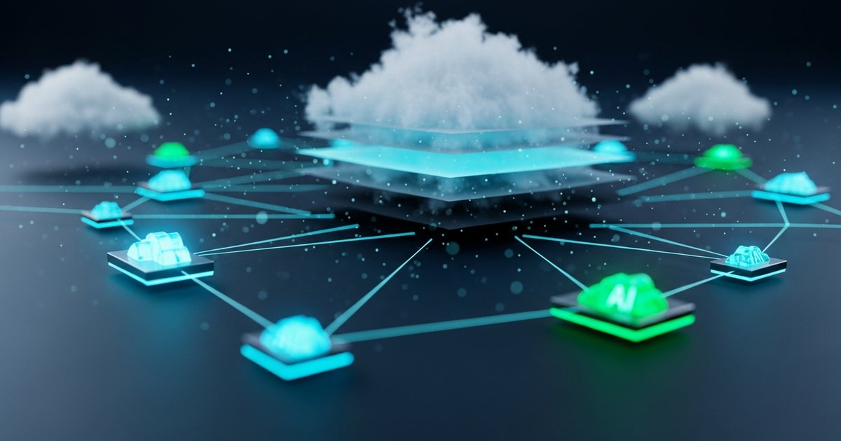 Cloud infrastructure platform with distributed service nodes and interconnected resources in cyan aesthetic