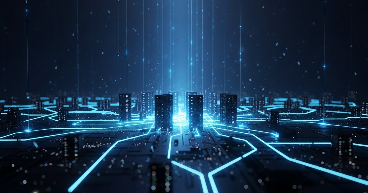 Technology infrastructure and digital architecture with interconnected systems and data flows