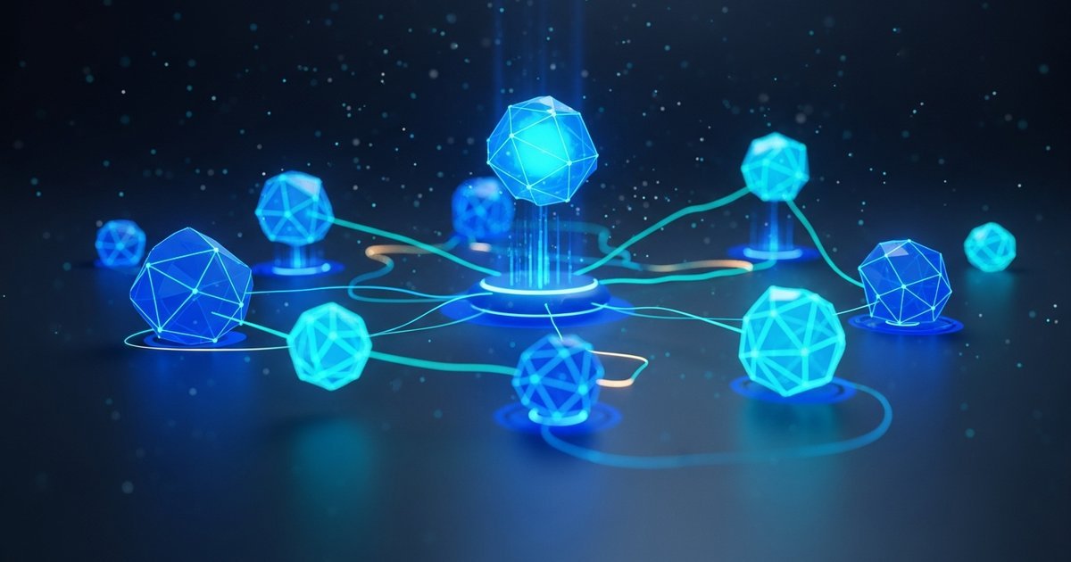 Technology infrastructure and digital architecture with interconnected systems and data flows