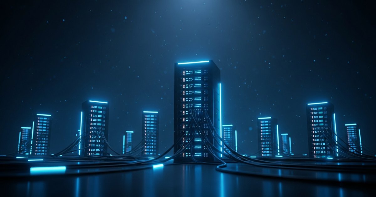 Technology infrastructure and digital architecture with interconnected systems and data flows