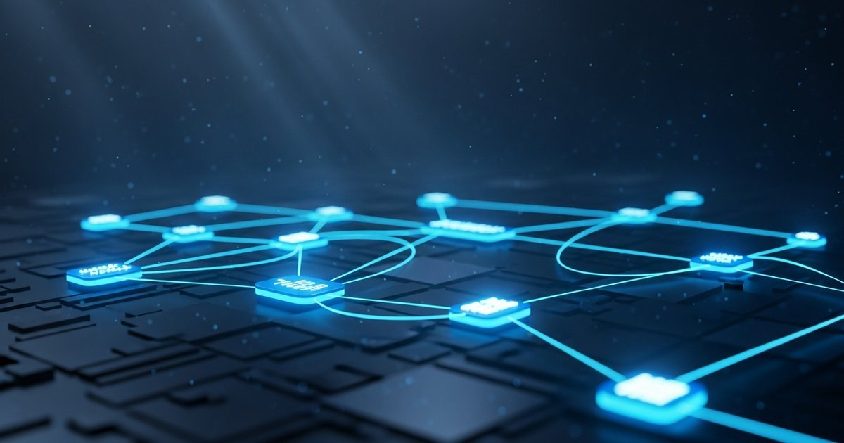 Technology infrastructure and digital architecture with interconnected systems and data flows