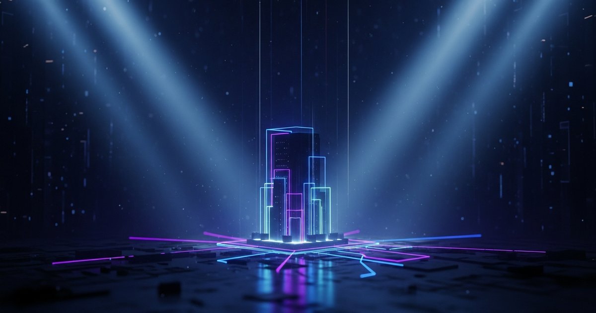 Technology infrastructure and digital architecture with interconnected systems and data flows