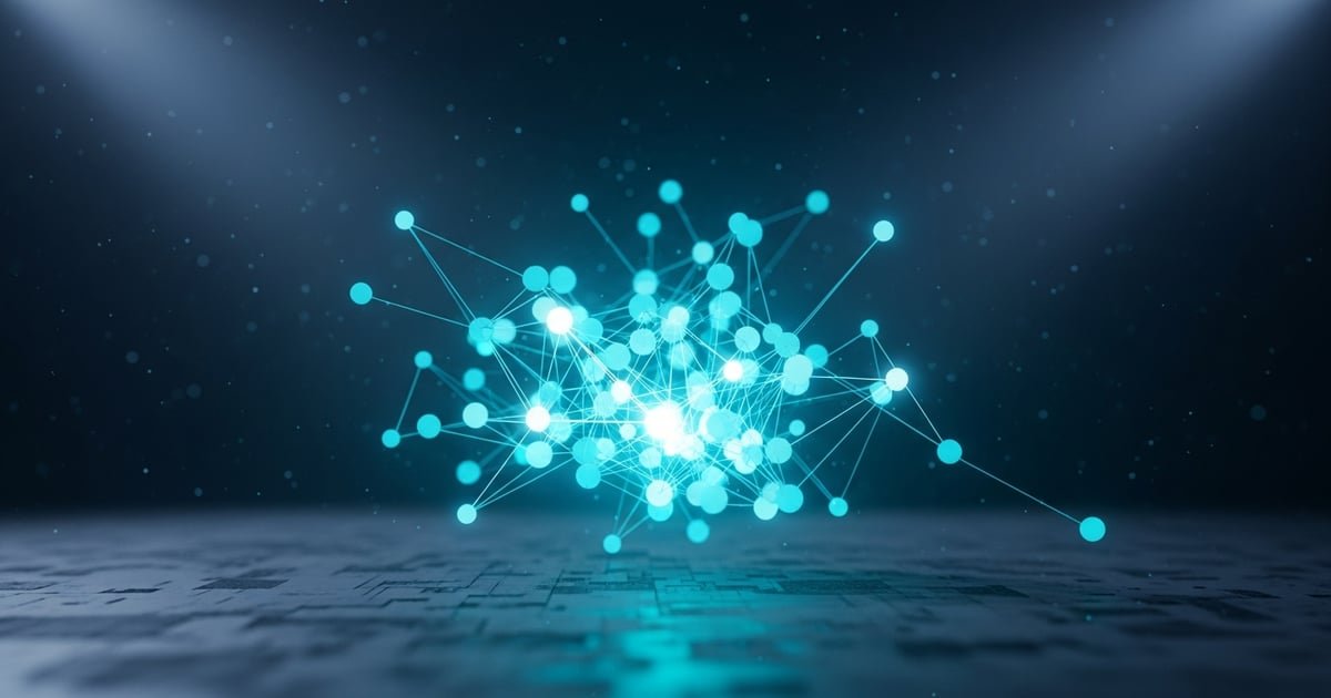Advanced neural network architecture with semantic pathways glowing in emerald green and cyan