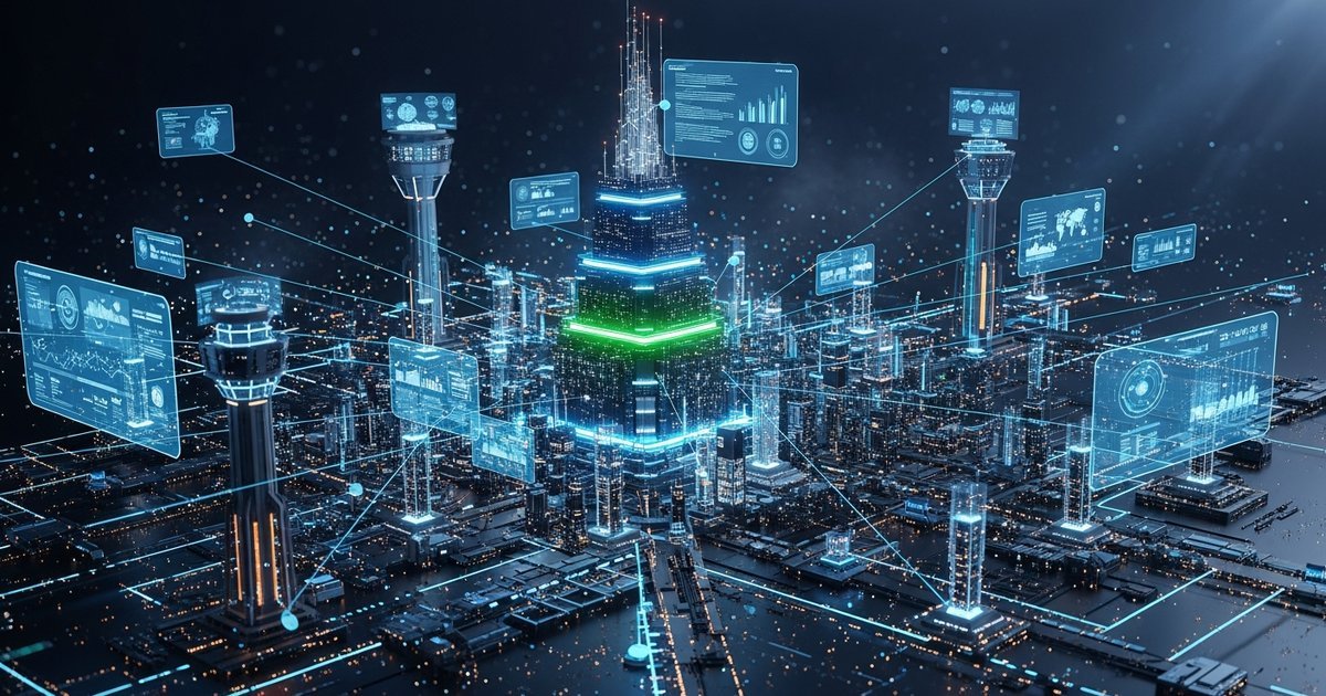 Policy framework visualization with interconnected governance nodes and control systems in dark technical aesthetic