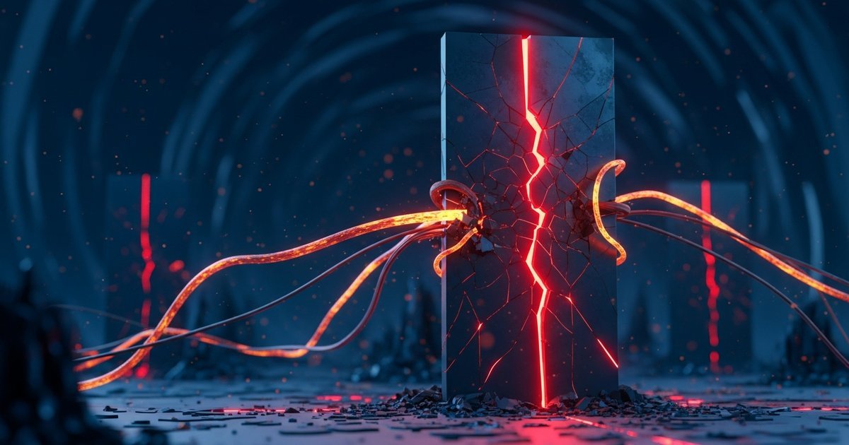 A breached firewall perimeter glowing in vibrant red and orange neon with dark background, representing active exploitation and network security vulnerabilities.