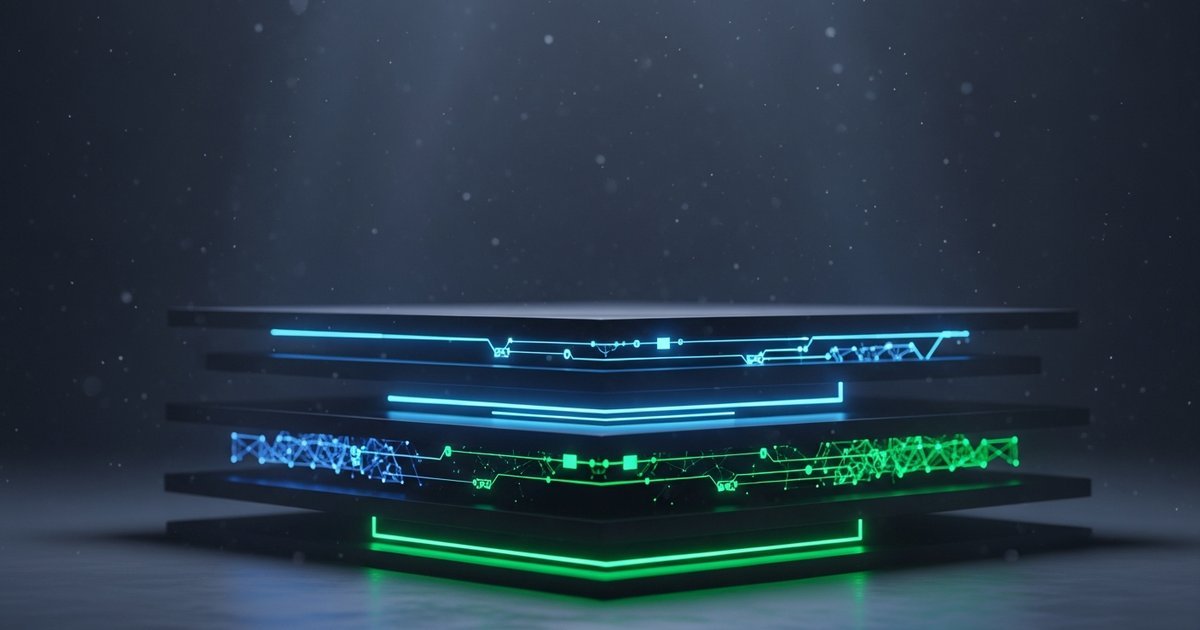 A layered stack of glowing platforms in cyan and emerald green neon on a dark background, representing Azure AI infrastructure and orchestration layers.