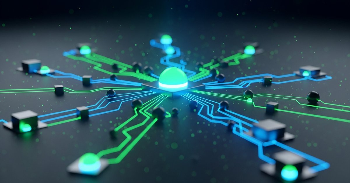 Advanced neural network architecture with semantic pathways glowing in emerald green and cyan
